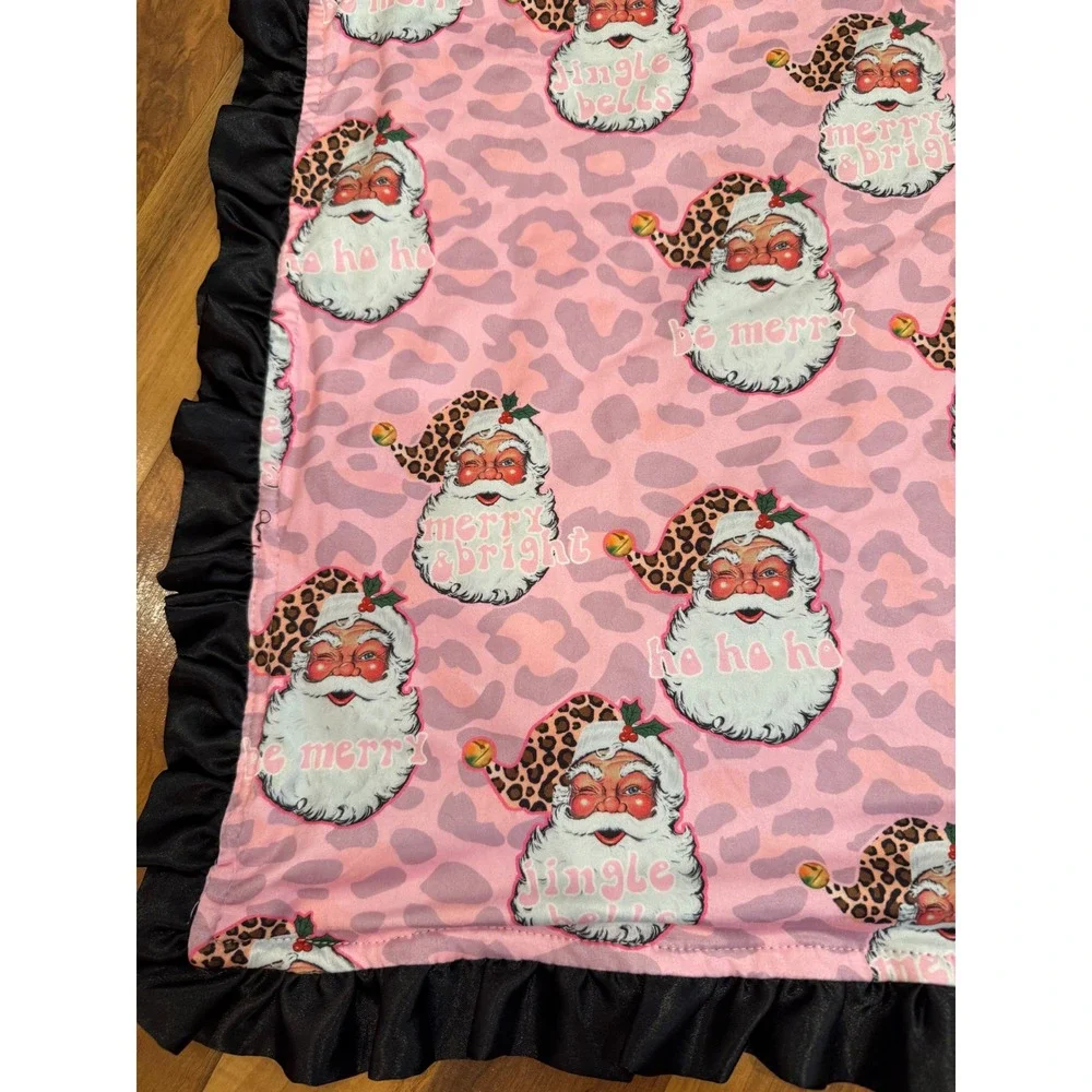 Pink Leopard Santa Baby Blanket Black Ruffle Edge Christmas Holiday carseat crib